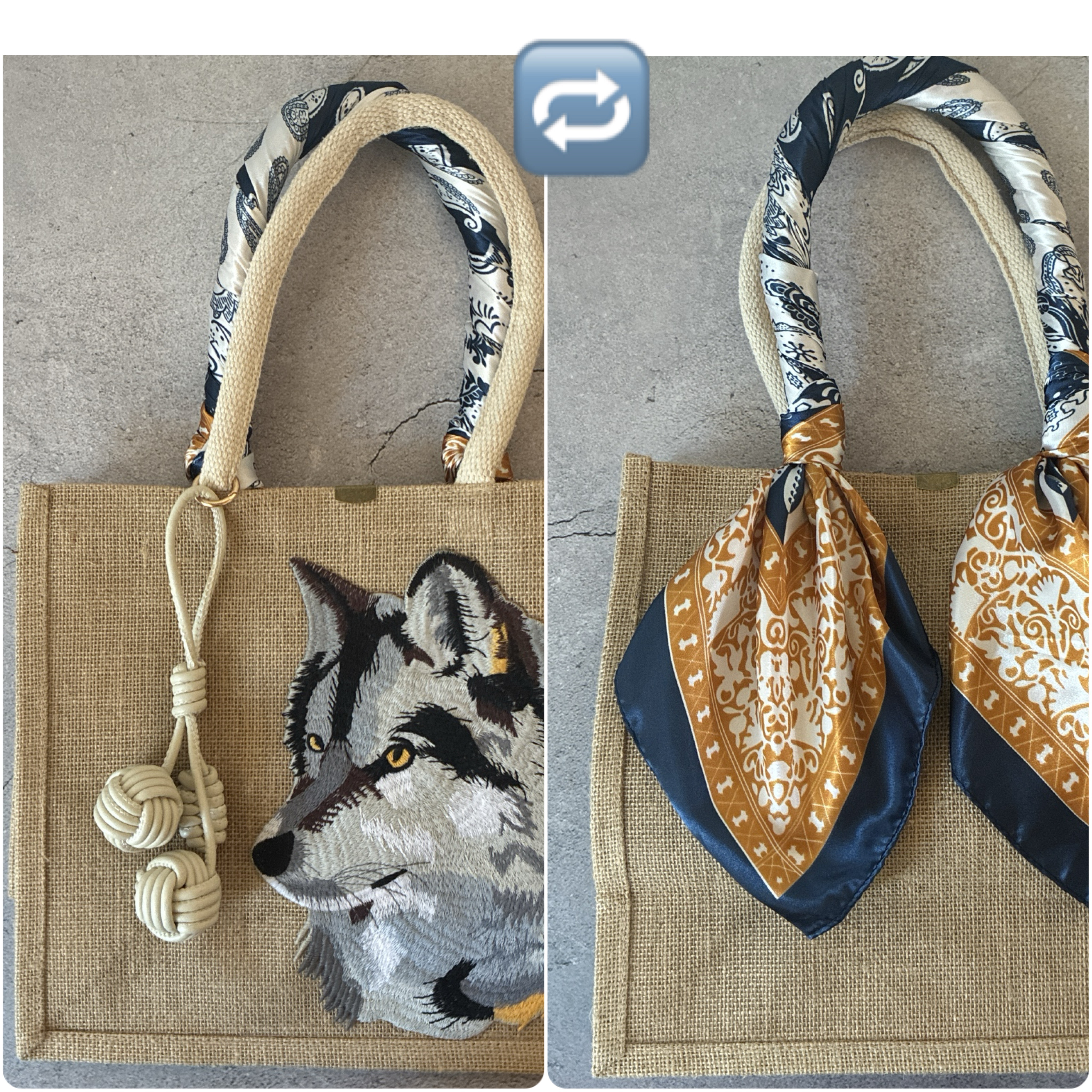 1点物❤️オオカミとデッドストックスカーフのジュートバッグ♡レザーチャーム付き♡エコバッグかごカゴ 狼シベリアンハスキー