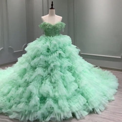 優雅ミントグリーン緑 オフショルダー 二の腕カバー ギャザーフリル