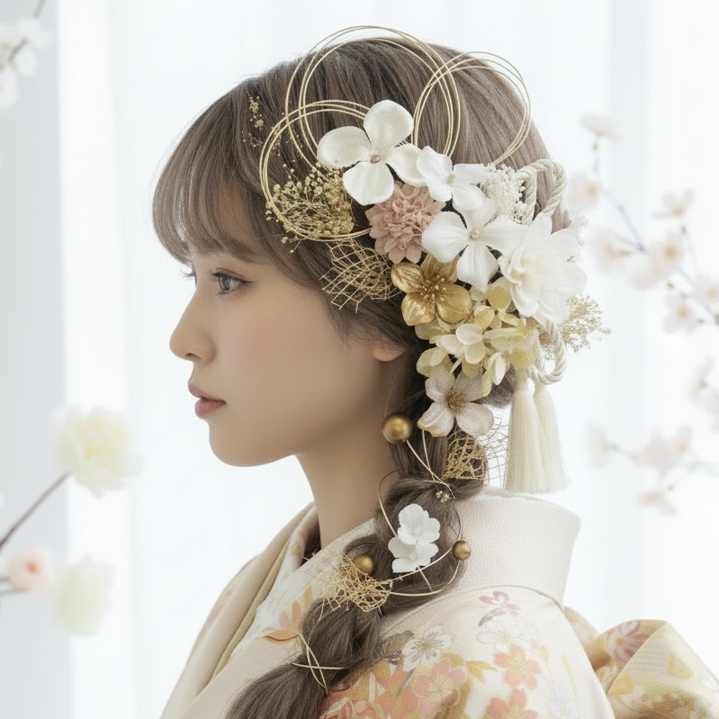 A475 白ゴールド　ドライフラワー髪飾り　卒業式　袴　成人式　振袖　結婚式