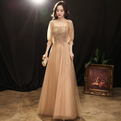 イブニングドレス フォーマル ウェディング 半袖 ロング シャンパン
