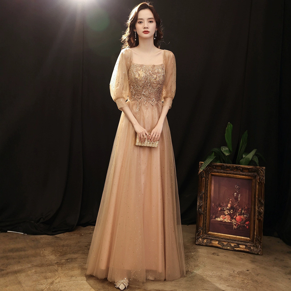 イブニングドレス フォーマル ウェディング 半袖 ロング シャンパン綺麗 韓国風 パーティー 演奏会 二次会 AK074