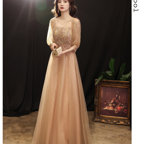 専用　　　【フォロー割】シャンパン色のイブニングドレス♡パール♡半袖♡L 即日発送】【フォロー割】シャンパン色のイブニングドレス♡パール