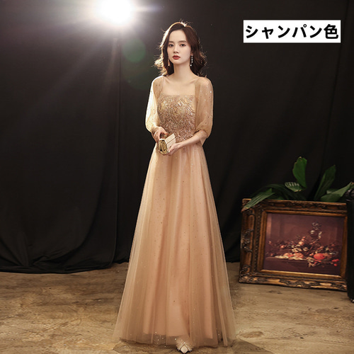 【ウェディングドレス】韓国風　オフショル　シャンパンゴールド イブニングドレス フォーマル ウェディング 半袖 ロング シャンパン