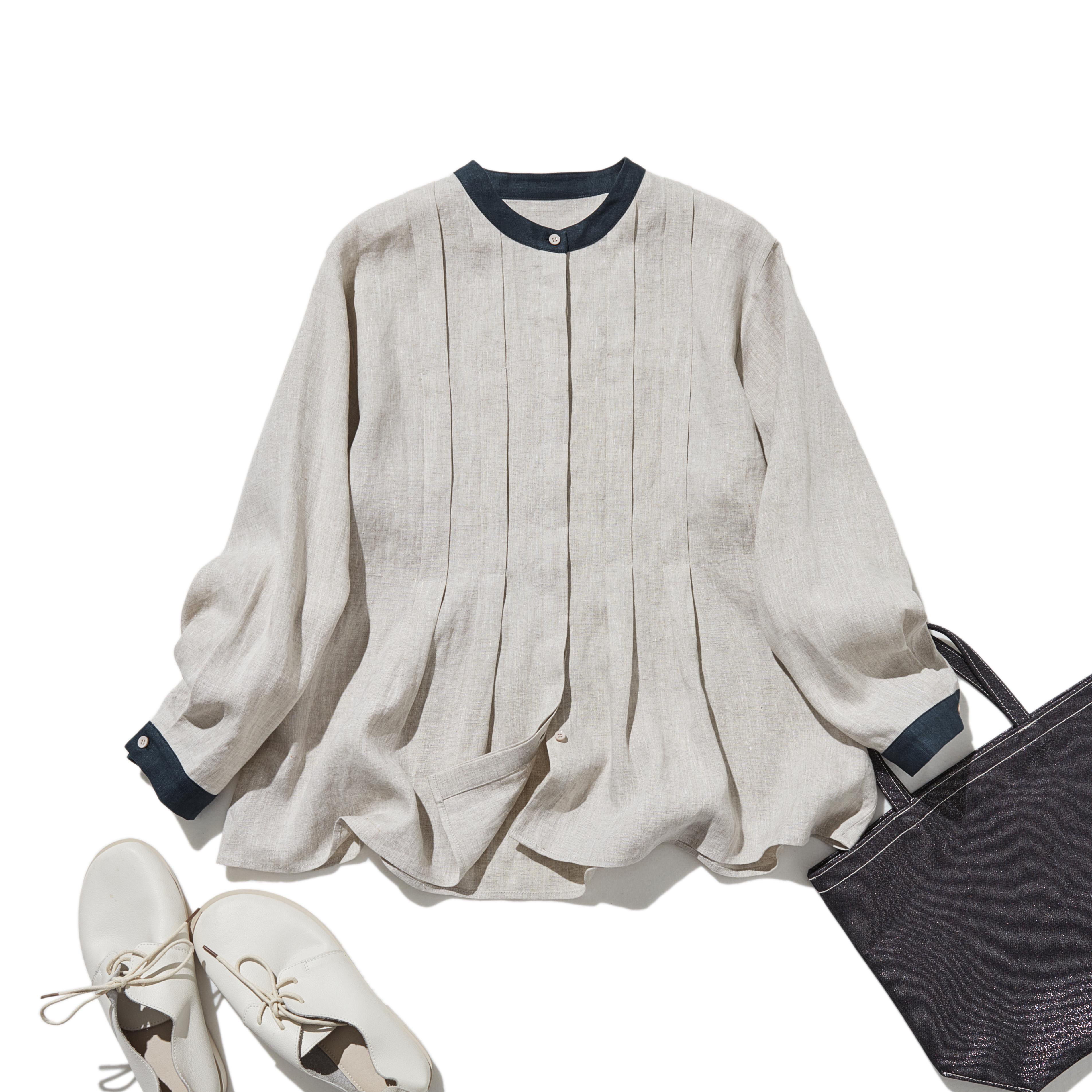 シンプルだけど、どこか特別  プリーツ加工シャツブラウス  リネン100％シャツ　250915-1