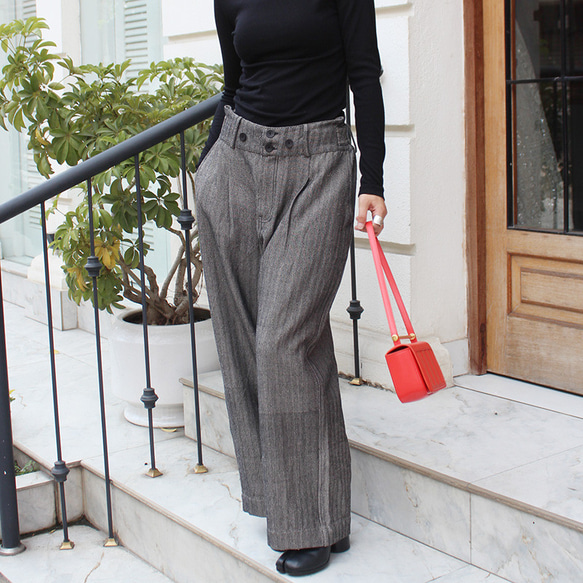 秋の新作◉2wayワイドストレートサロペットパンツ　ヘリンボーングレー 2枚目の画像