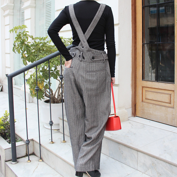 秋の新作◉2wayワイドストレートサロペットパンツ　ヘリンボーングレー 6枚目の画像