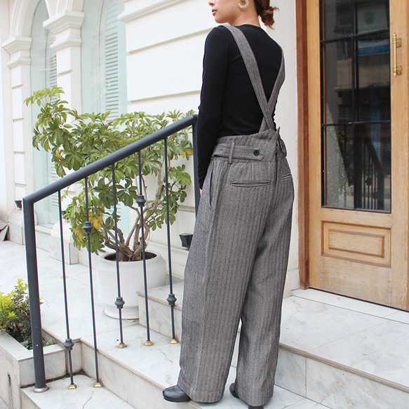 秋の新作◉2wayワイドストレートサロペットパンツ　ヘリンボーングレー 8枚目の画像