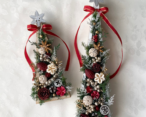 受注制作] クリスマスツリー2個セット✤レッドリボン✤プリザーブド