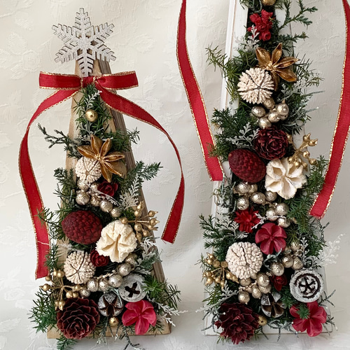 受注制作] クリスマスツリー2個セット✤レッドリボン✤プリザーブド