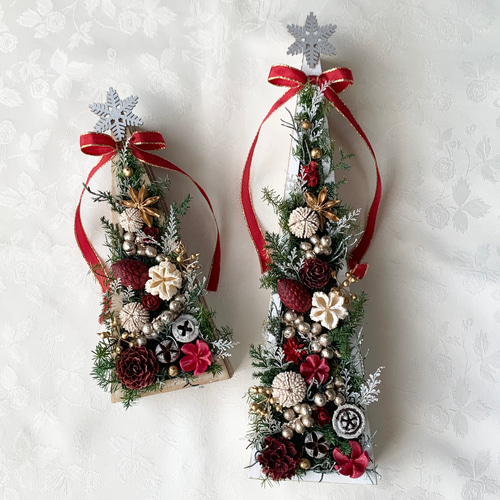 受注制作] クリスマスツリー2個セット✤レッドリボン✤プリザーブド