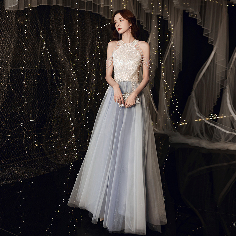 イブニングドレス フォーマル ウェディング ロング フリンジ 青グレー 韓国風 パーティー 演奏会 二次会AK077