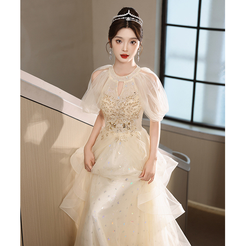 イブニングドレス フォーマル ウェディング ロング カーキ シャンパン色 韓国風 パーティー 演奏会 二次会AK081