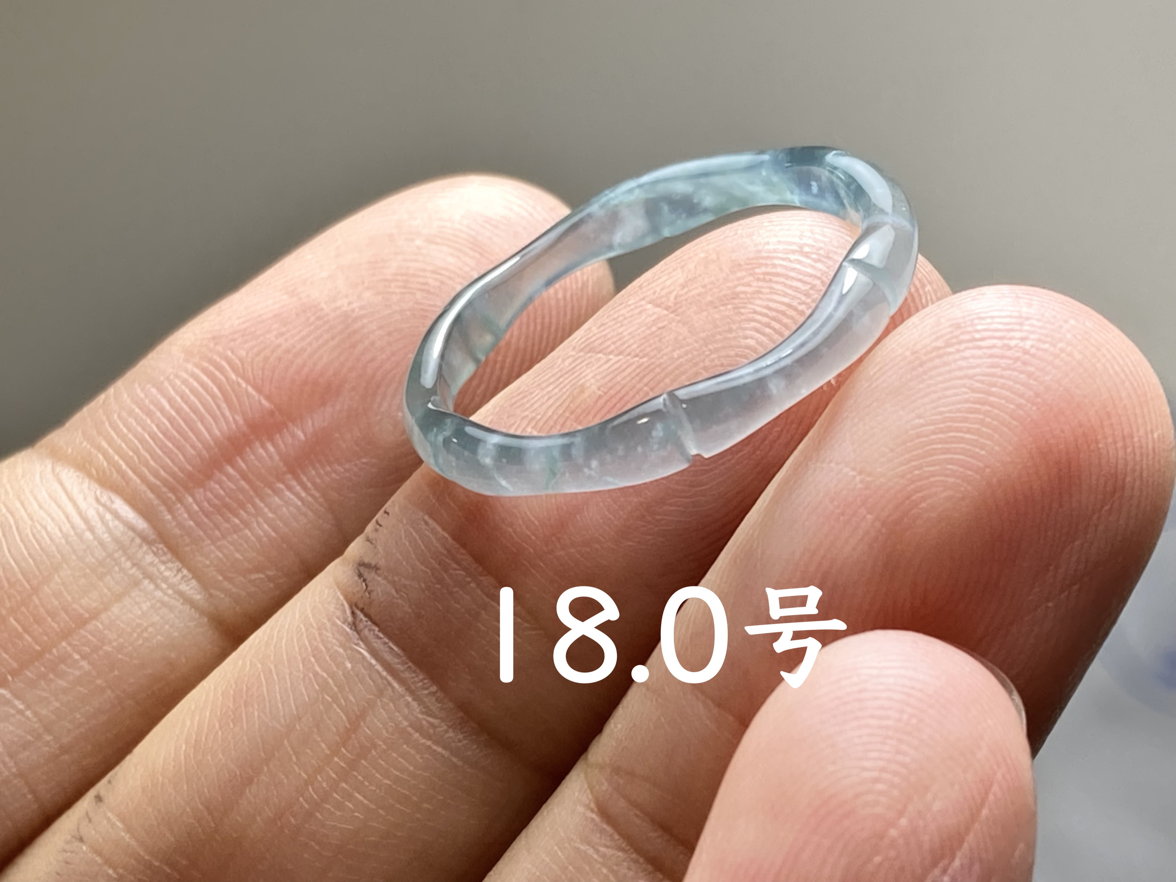 L14-69 高氷種 竹節 リング 高級感 薄水色 18.0号 グアテマラ産 A貨 本翡翠 くりぬき 黒翡翠