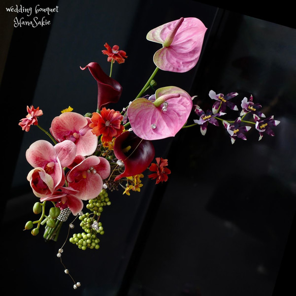 キラキラ揺れる ウェディングブーケ 胡蝶蘭 アンス カラー スリム 上質