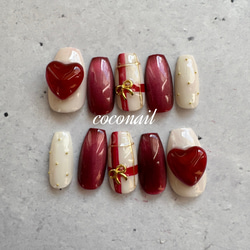 ネイルチップ　韓国 ワンホン  うるうる  クリスマスネイル  マグネットネイル　リボンネイル　ぷっくりネイル　秋ネイル 1枚目の画像