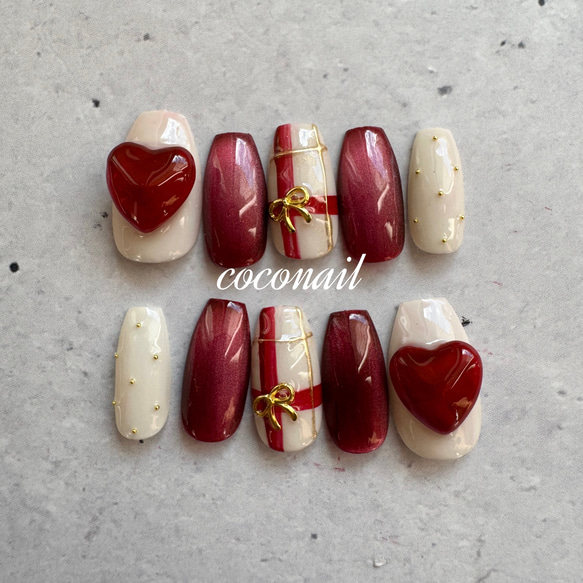 ネイルチップ　韓国 ワンホン  うるうる  クリスマスネイル  マグネットネイル　リボンネイル　ぷっくりネイル　秋ネイル 1枚目の画像