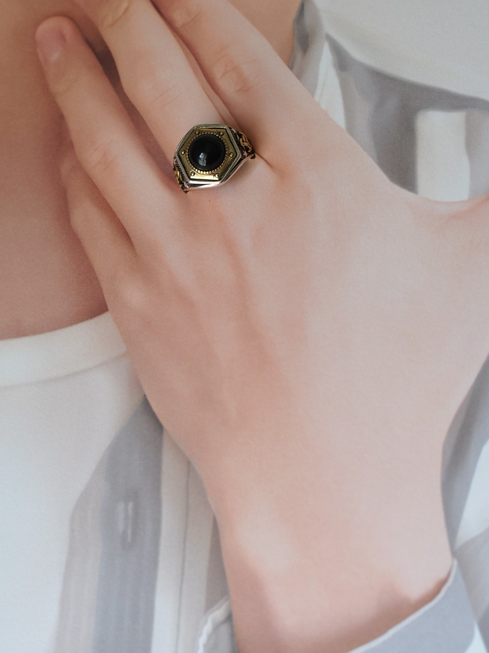 ブラックオニキス10 　S925YGPユニセックスリング