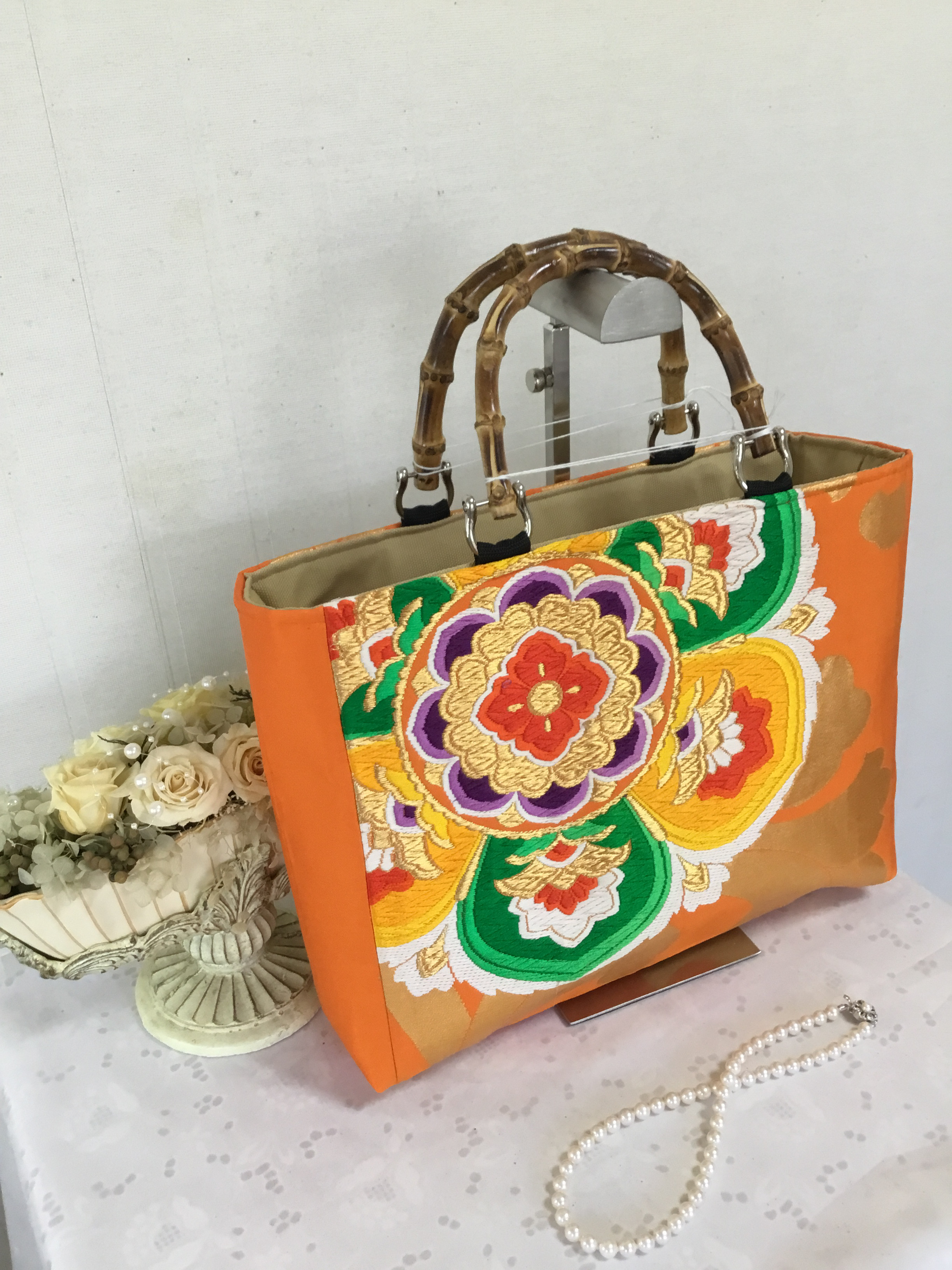 花ぷらら・春のお出かけ・シンプルで使いやすい・洋服でも着物でも使える・ハンドメイド・帯・大きめ・トートバッグ・482