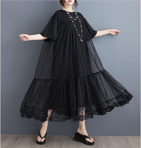 オケージョン　チュールワンピース シースルー袖ロングワンピース　ブラック オケージョン チュールワンピース シースルー袖ロングワンピース