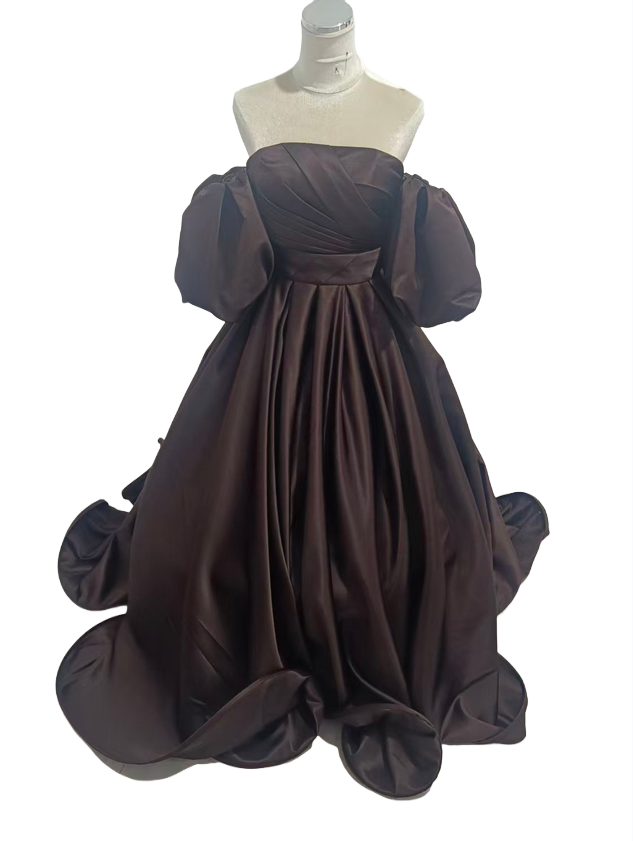カラードレス パフスリーブドレス 光沢サテン ふっくら柔らかなバックリボン ブラウン  床付く 結婚式