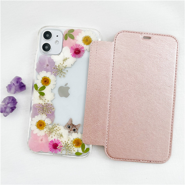 ネコ 紫陽花 5色から選択 手帳型スマホケース  iPhone17Pro・16e・SE・12 押し花ケース