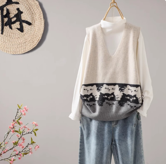 受作】キャラクターベスト Vネック ノースリーブ カジュアル ニット
