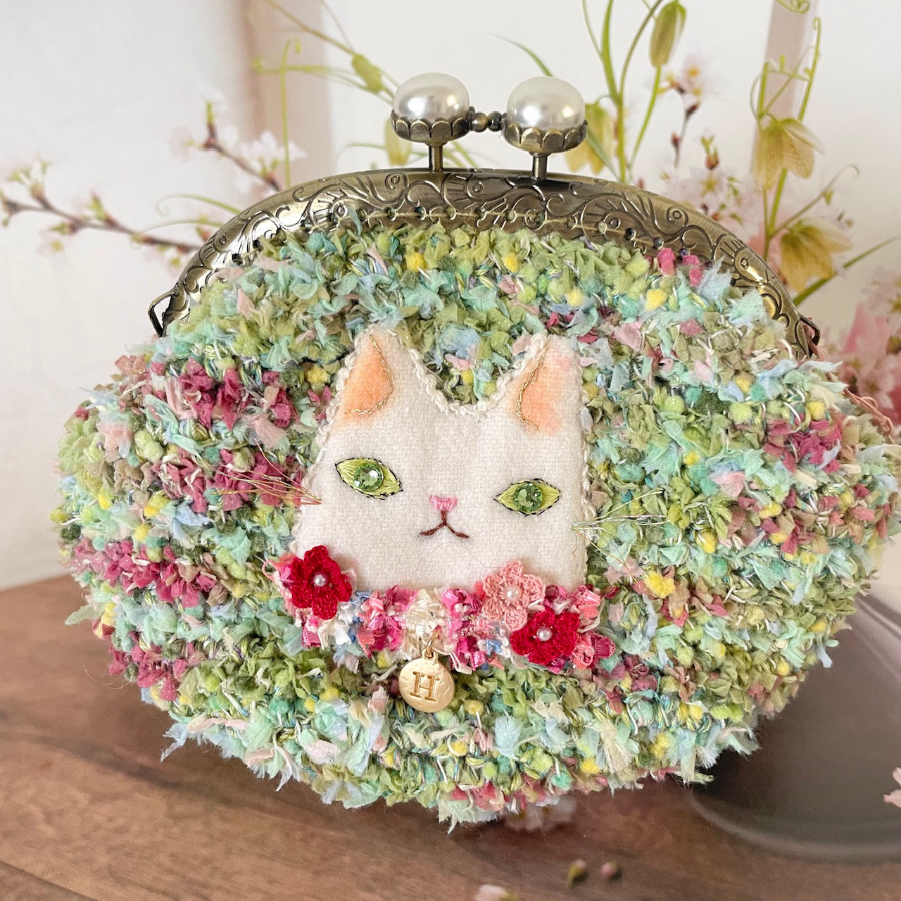 がまぐちポーチ　(グリーン) L