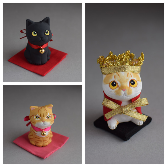 ご予約品・猫は王様オーダーメイド絵付け・お座り猫（黒猫・赤）・イカ耳猫（茶トラ・ピンク） 1枚目の画像