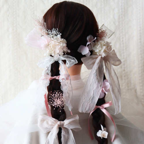 華やかなピンクのリボンとレースの髪飾り 成人式ヘア飾り 卒業式ヘア