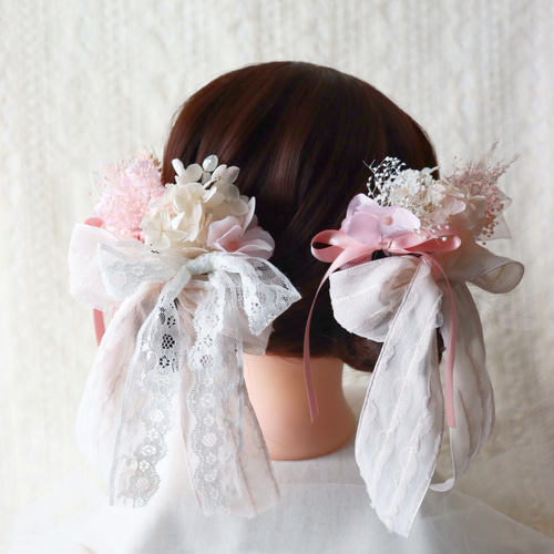 華やかなピンクのリボンとレースの髪飾り 成人式ヘア飾り 卒業式ヘア