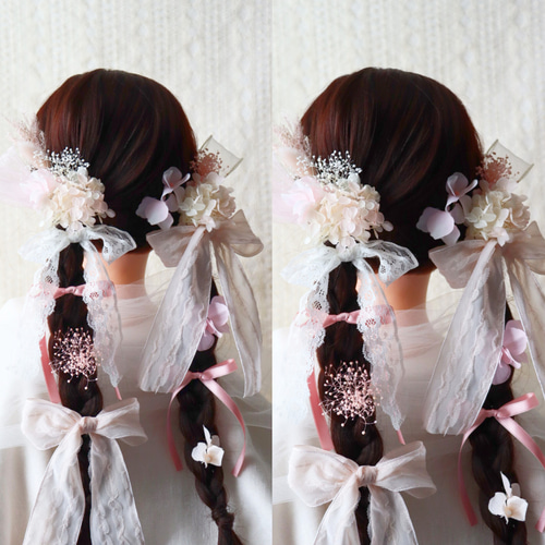 華やかなピンクのリボンとレースの髪飾り 成人式ヘア飾り 卒業式ヘア