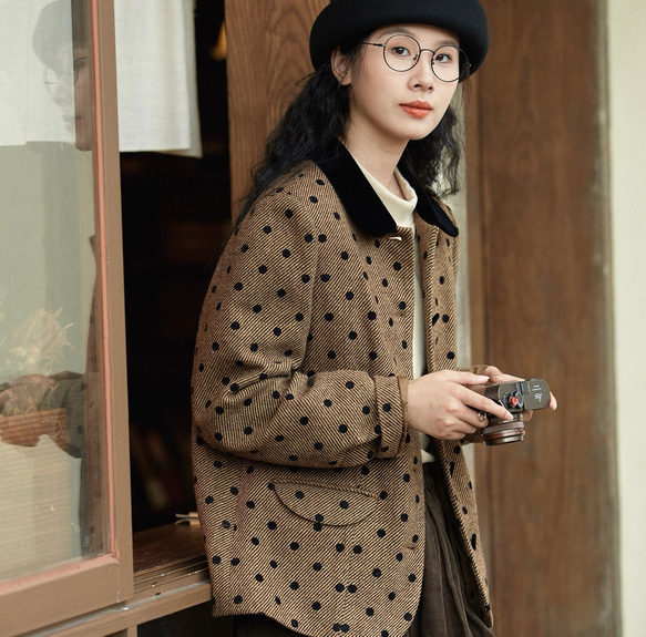 クラシックモダン配色カラー　ウール混ドット柄のジャケット・羽織り【秋冬春】ブラウン系 8枚目の画像