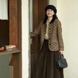 クラシックモダン配色カラー　ウール混ドット柄のジャケット・羽織り【秋冬春】ブラウン系 2枚目の画像