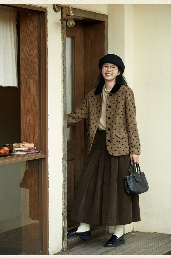 クラシックモダン配色カラー　ウール混ドット柄のジャケット・羽織り【秋冬春】ブラウン系 2枚目の画像