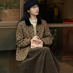 クラシックモダン配色カラー　ウール混ドット柄のジャケット・羽織り【秋冬春】ブラウン系 3枚目の画像