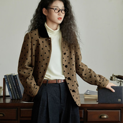 クラシックモダン配色カラー　ウール混ドット柄のジャケット・羽織り【秋冬春】ブラウン系 12枚目の画像