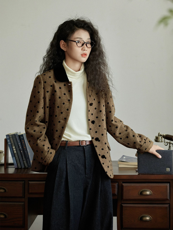 クラシックモダン配色カラー　ウール混ドット柄のジャケット・羽織り【秋冬春】ブラウン系 12枚目の画像