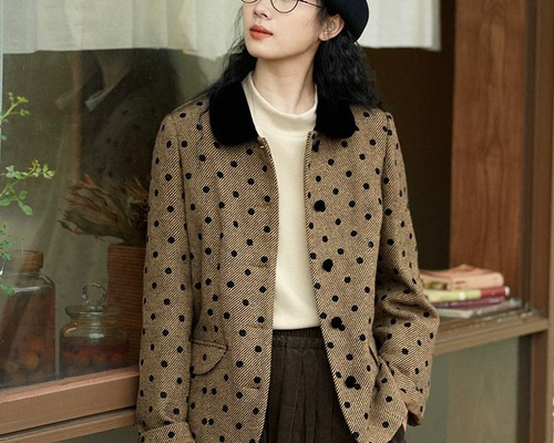 クラシックモダン配色カラー ウール混ドット柄のジャケット・羽織り