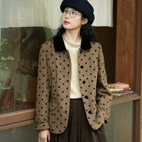 クラシックモダン配色カラー ウール混ドット柄のジャケット・羽織り