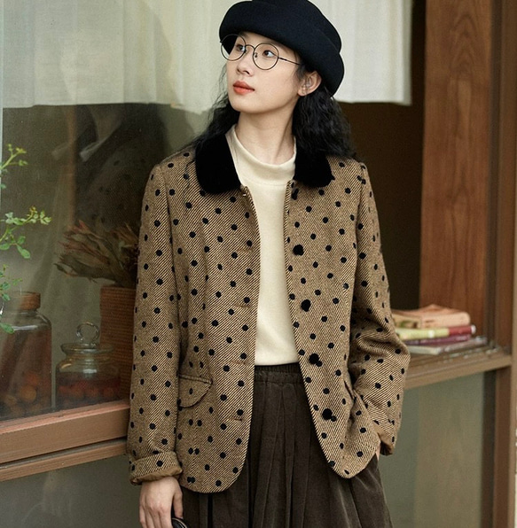 クラシックモダン配色カラー　ウール混ドット柄のジャケット・羽織り【秋冬春】ブラウン系 1枚目の画像