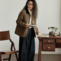 クラシックモダン配色カラー　ウール混ドット柄のジャケット・羽織り【秋冬春】ブラウン系 9枚目の画像