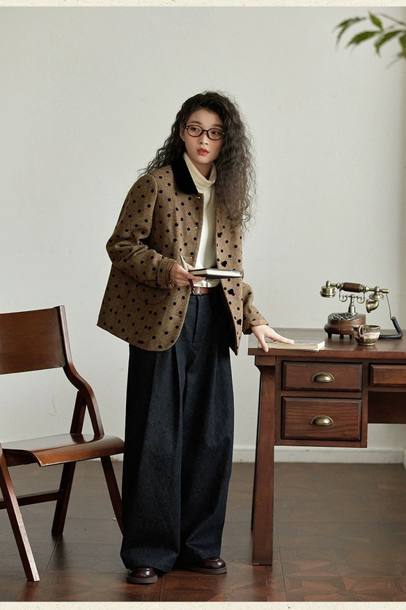 クラシックモダン配色カラー　ウール混ドット柄のジャケット・羽織り【秋冬春】ブラウン系 9枚目の画像