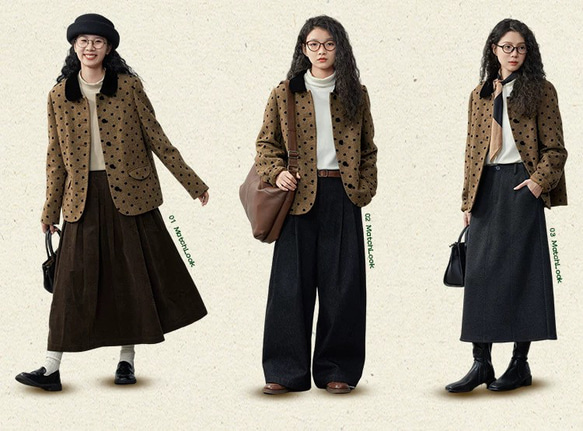 クラシックモダン配色カラー　ウール混ドット柄のジャケット・羽織り【秋冬春】ブラウン系 10枚目の画像