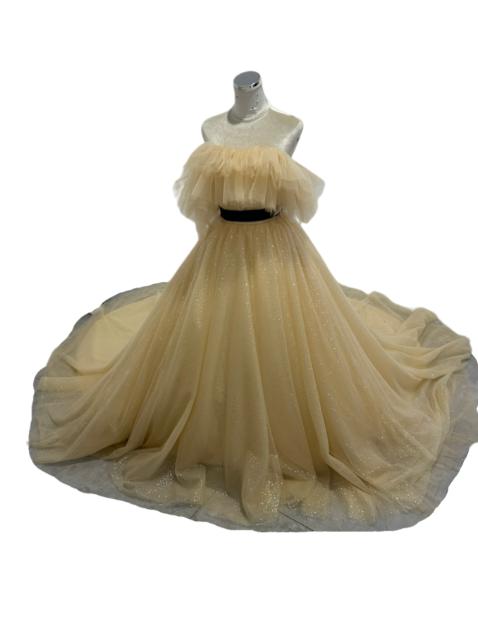 カラードレス シャンパン色 オフショルダー サッシュベルト 結婚式 キラキラドレス Aライン ブライダル