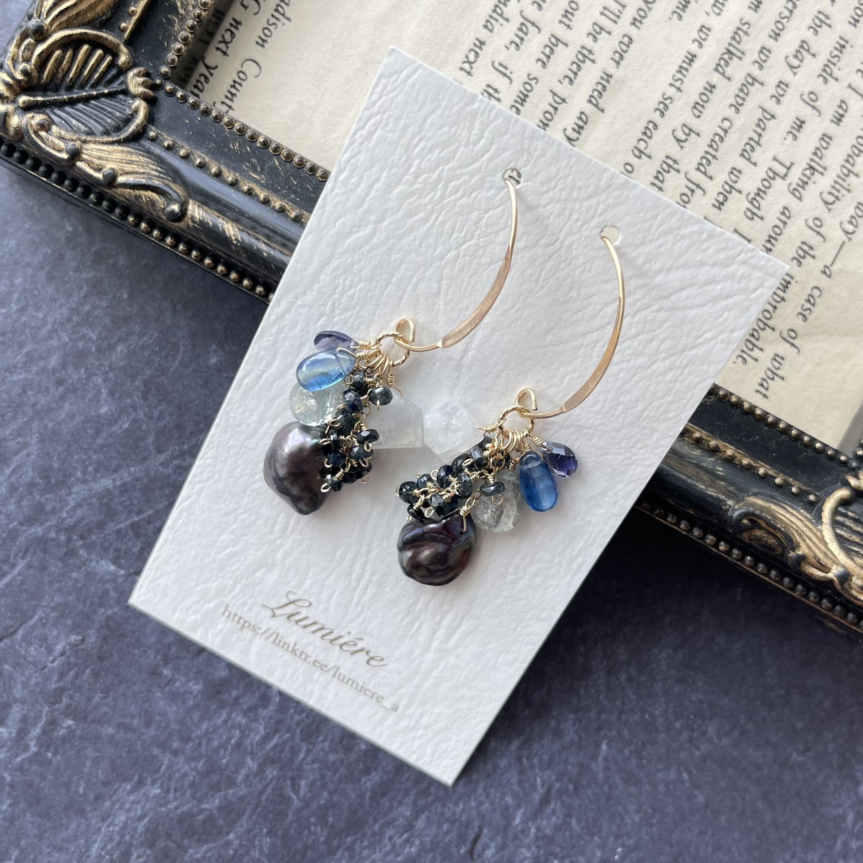 14kgf＊ブラックパール&モスアクアマリン&カイヤナイトのマーキスフックピアス