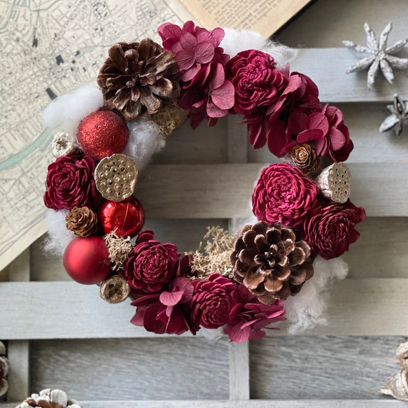 早割り　プリザーブドフラワー　クリスマスリース　アジサイリース　Xmas　結婚祝い　新築祝い　紫陽花　　開店祝 1枚目の画像