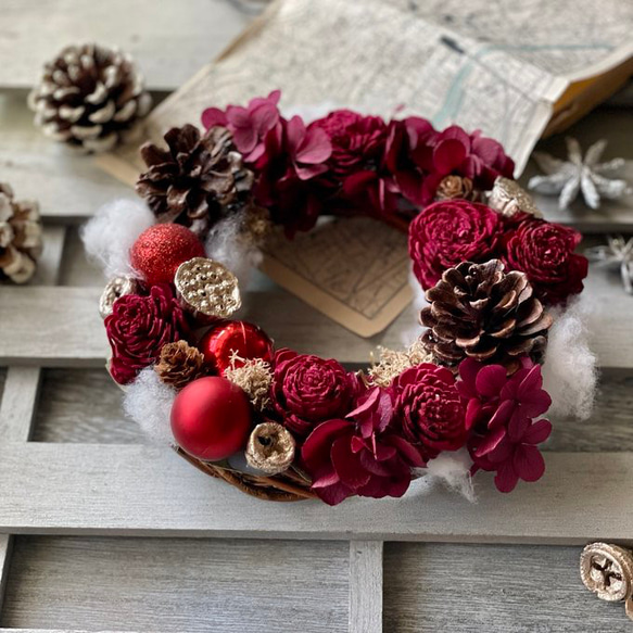 早割り　プリザーブドフラワー　クリスマスリース　アジサイリース　Xmas　結婚祝い　新築祝い　紫陽花　　開店祝 7枚目の画像