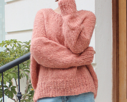 新色◉軽ふわ手編みニット◉モヘアショートセーター ピーチ ニット