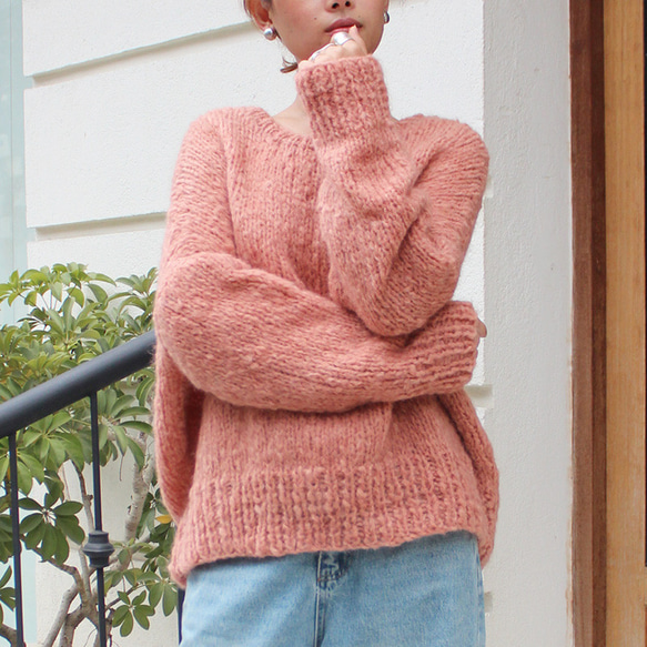 新色◉軽ふわ手編みニット◉モヘアショートセーター ピーチ ニット