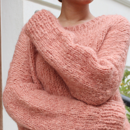 新色◉軽ふわ手編みニット◉モヘアショートセーター ピーチ ニット
